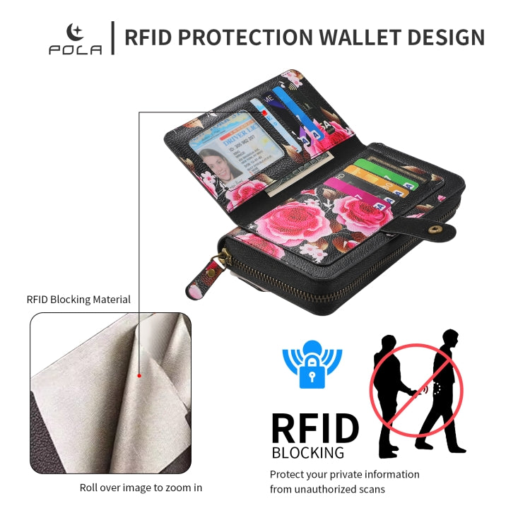 For iPhone 12 / 12 Pro POLA MagSafe Flower Multi-functional Zipper Wallet Leather Phone Case(Black) - iPhone 12 / 12 Pro Cases by buy2fix | Online Shopping UK | buy2fix