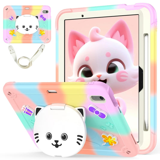 For iPad Air 11 2024 Cat Holder Silicone Hybrid PC Tablet Case with Strap(Colorful Rose Gold) - iPad Air 11 2024 Cases by buy2fix | Online Shopping UK | buy2fix