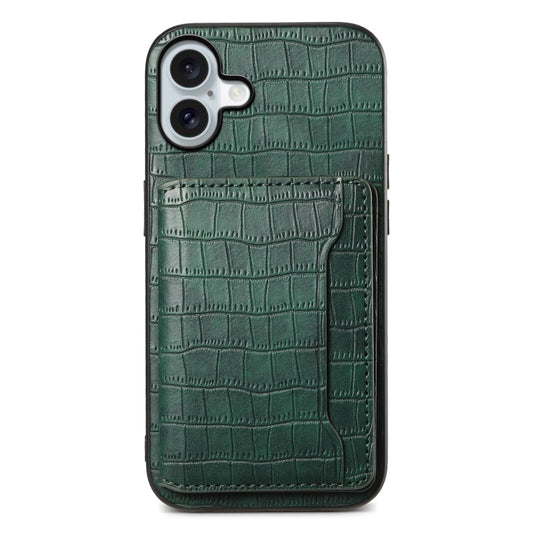 For iPhone 16 Plus Crocodile Texture Card Bag Design Full Coverage Phone Case(Green) - iPhone 16 Plus Cases by buy2fix | Online Shopping UK | buy2fix