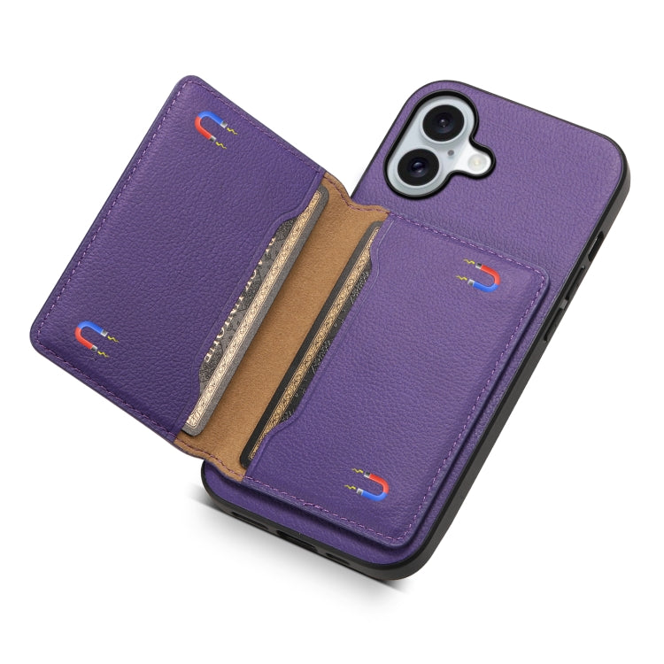 For iPhone 16 Calf Texture Card Bag Design Full Coverage Phone Case(Purple) - iPhone 16 Cases by buy2fix | Online Shopping UK | buy2fix