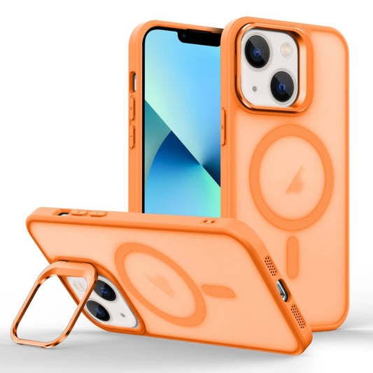 For iPhone 13 mini Magsafe Skin Feel Lens Holder Phone Case(Orange) - iPhone 13 mini Cases by buy2fix | Online Shopping UK | buy2fix