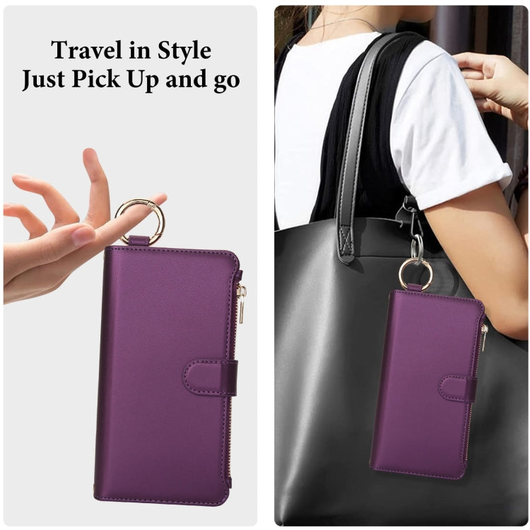 For iPhone 16 Plus Crossbody Ring Multifunctional Wallet Leather Phone Case(Dark Purple) - iPhone 16 Plus Cases by buy2fix | Online Shopping UK | buy2fix