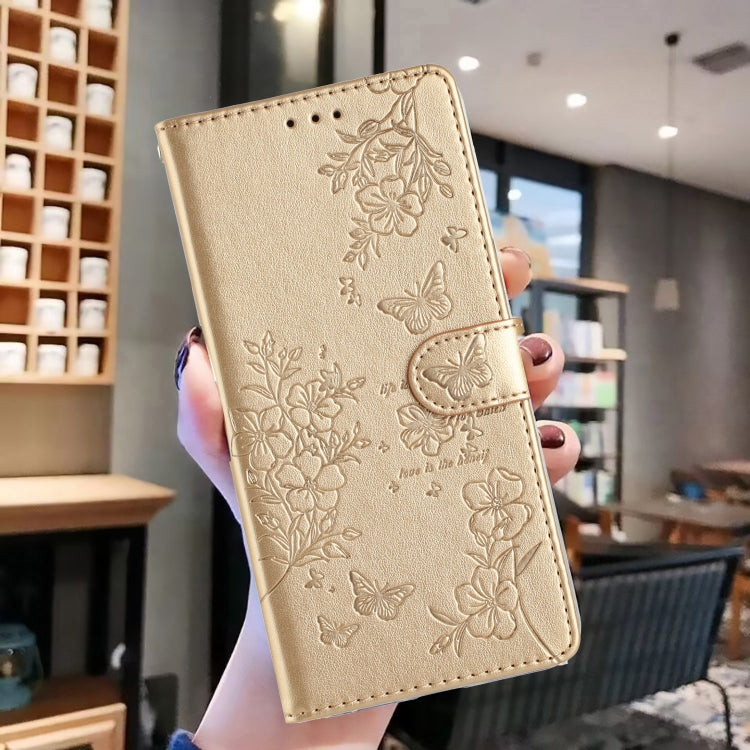 For iPhone 16 Plus Butterflies and Flowers Leather Phone Case(Gold) - iPhone 16 Plus Cases by buy2fix | Online Shopping UK | buy2fix