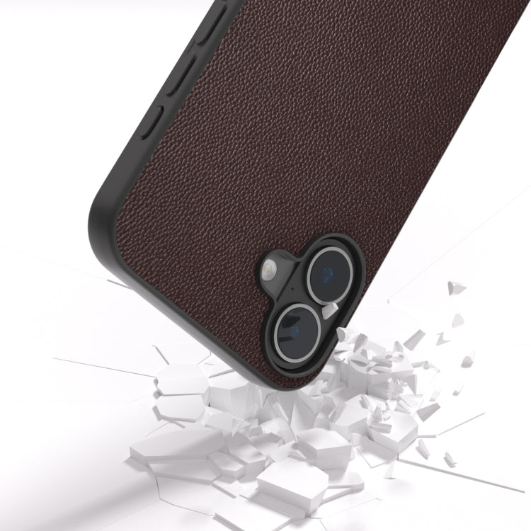 For iPhone 16 Plus ABEEL Black Frame Genuine Leather Elegant Phone Case(Coffee) - iPhone 16 Plus Cases by buy2fix | Online Shopping UK | buy2fix