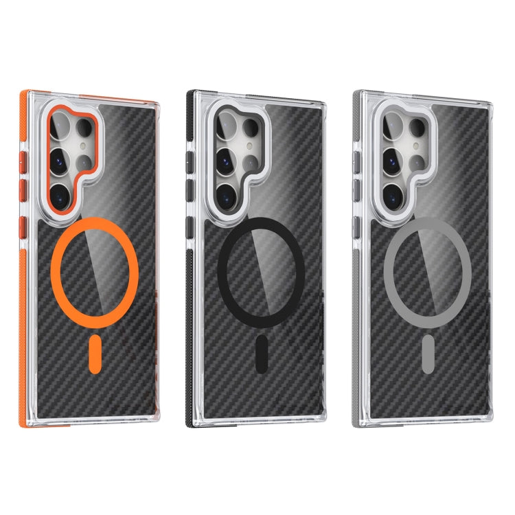 For Samsung Galaxy S24 Ultra 5G Magsafe Dual-Color Carbon Fiber Lens Film Phone Case with Lens Fold Holder(Orange) - Galaxy S24 Ultra 5G Cases by buy2fix | Online Shopping UK | buy2fix