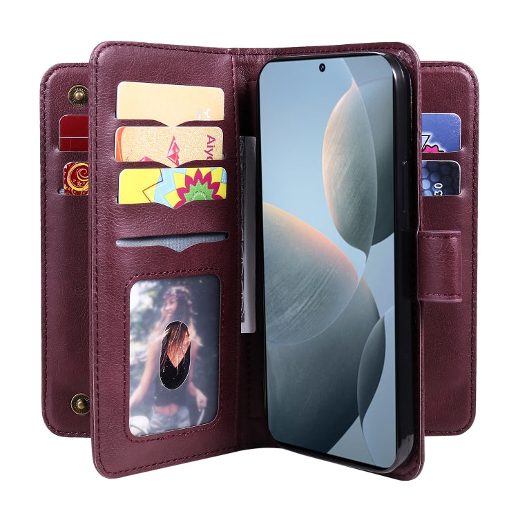 For Redmi K70 Multi-Function Wallet 10 Card Slots Leather Phone Case(Claret) - K70 Cases by buy2fix | Online Shopping UK | buy2fix