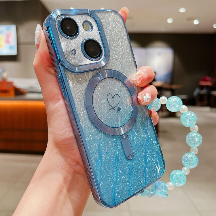 For iPhone 15 Loves Leaves Gradient Glitter Bracelets Carbon Fiber Magsafe TPU Phone Case(Blue) - iPhone 15 Cases by buy2fix | Online Shopping UK | buy2fix