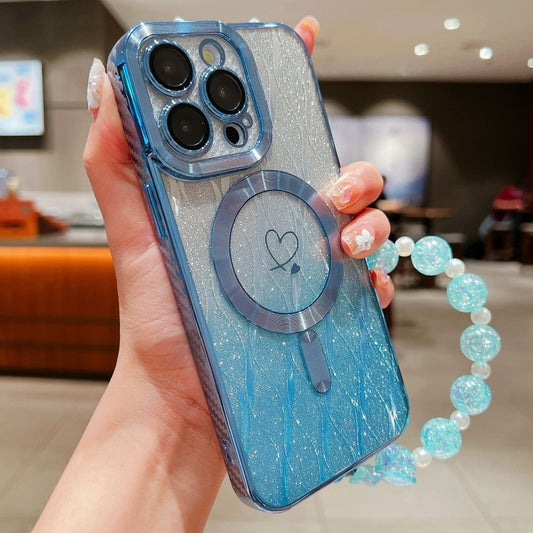 For iPhone 14 Pro Max Loves Leaves Gradient Glitter Bracelets Carbon Fiber Magsafe TPU Phone Case(Blue) - iPhone 14 Pro Max Cases by buy2fix | Online Shopping UK | buy2fix