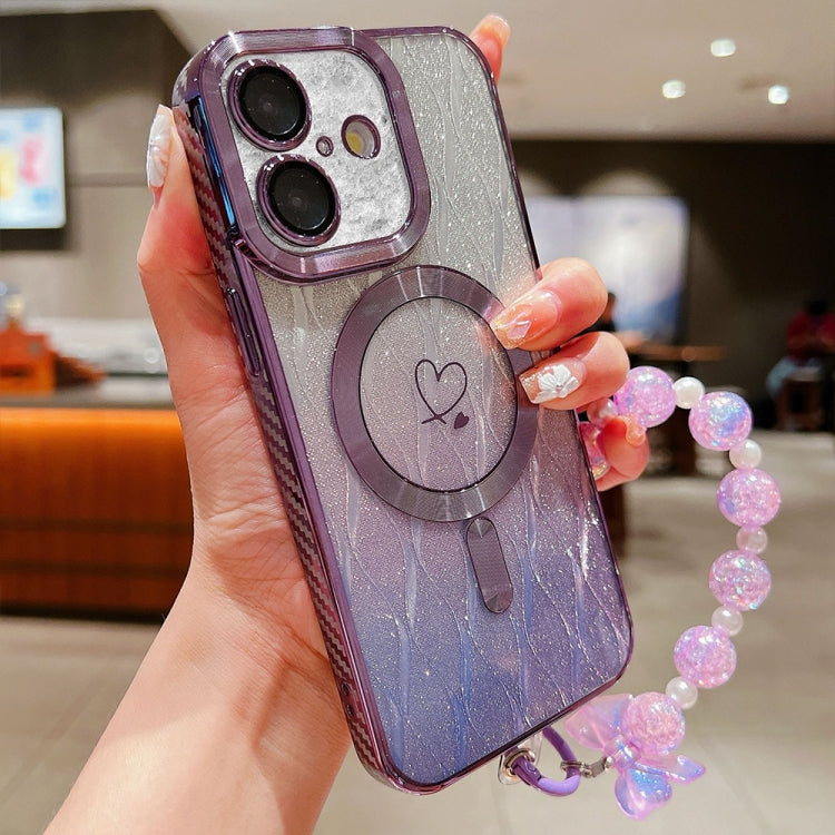 For iPhone 16 Loves Leaves Gradient Glitter Bracelets Carbon Fiber Magsafe TPU Phone Case(Purple) - iPhone 16 Cases by buy2fix | Online Shopping UK | buy2fix