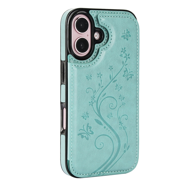 For iPhone 16 Double Buckle Butterfly Embossing PU Phone Case(Green) - iPhone 16 Cases by buy2fix | Online Shopping UK | buy2fix