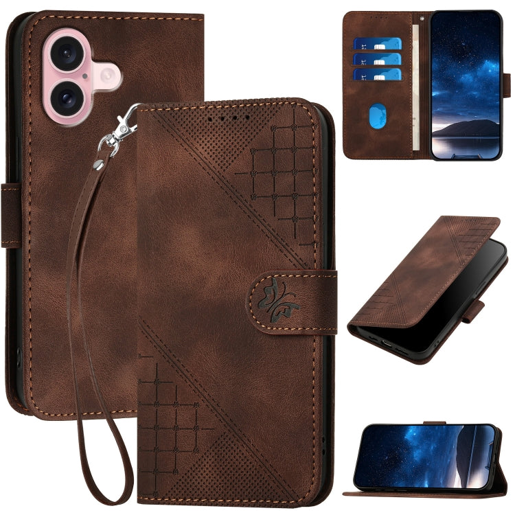 For iPhone 16 YX0080 Grid Butterfly Embossed Pattern Flip Leather Phone Case with Lanyard(Coffee) - iPhone 16 Cases by buy2fix | Online Shopping UK | buy2fix