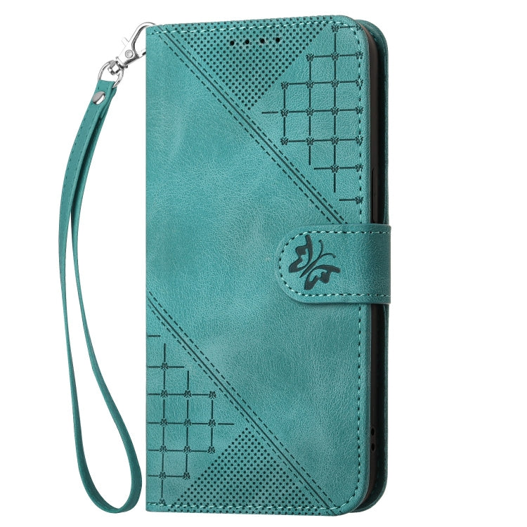 For iPhone 16 YX0080 Grid Butterfly Embossed Pattern Flip Leather Phone Case with Lanyard(Light Blue) - iPhone 16 Cases by buy2fix | Online Shopping UK | buy2fix