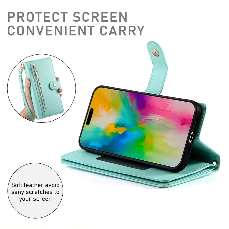 For iPhone 16 Pro Nine Card-slot Zipper Wallet Bag Leather Phone Case(Mint Green) - iPhone 16 Pro Cases by buy2fix | Online Shopping UK | buy2fix