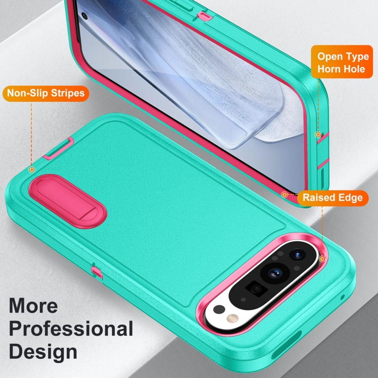 For Google Pixel 9 Rugged PC + Silicone Phone Case with Holder(Light Green+Rose Red) - Google Cases by buy2fix | Online Shopping UK | buy2fix