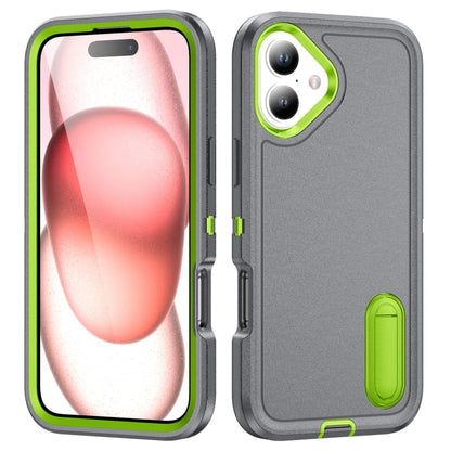 For iPhone 16 Rugged PC + Silicone Phone Case with Holder(Grey+Fresh Green) - iPhone 16 Cases by buy2fix | Online Shopping UK | buy2fix