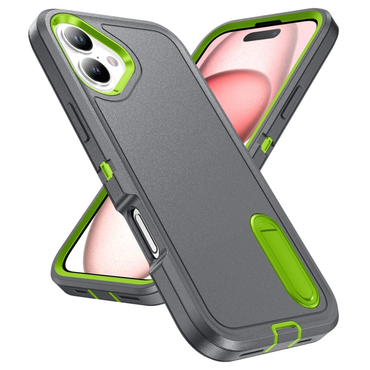 For iPhone 16 Rugged PC + Silicone Phone Case with Holder(Grey+Fresh Green) - iPhone 16 Cases by buy2fix | Online Shopping UK | buy2fix