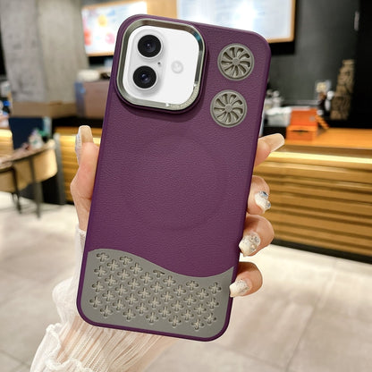 For iPhone 16 Plus Leather Textured Fan Hollow Cooling MagSafe Magnetic Phone Case(Purple) - iPhone 16 Plus Cases by buy2fix | Online Shopping UK | buy2fix