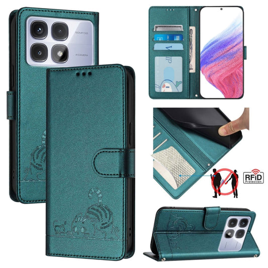 For Redmi K70 Ultra 5G Global Cat Rat Embossed Pattern RFID Leather Phone Case with Lanyard(Peacock Green) - Xiaomi Cases by buy2fix | Online Shopping UK | buy2fix