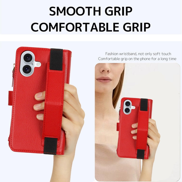 For iPhone 16 Plus Wristband Holder Zipper Purse RFID Leather Phone Case(Red) - iPhone 16 Plus Cases by buy2fix | Online Shopping UK | buy2fix