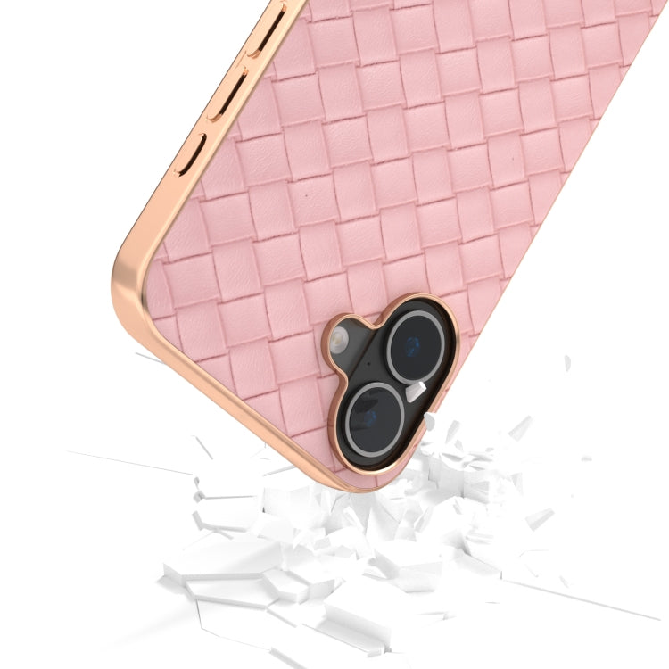 For iPhone 16 Plus Electroplated Frame Woven Texture PU Phone Case(Pink) - iPhone 16 Plus Cases by buy2fix | Online Shopping UK | buy2fix