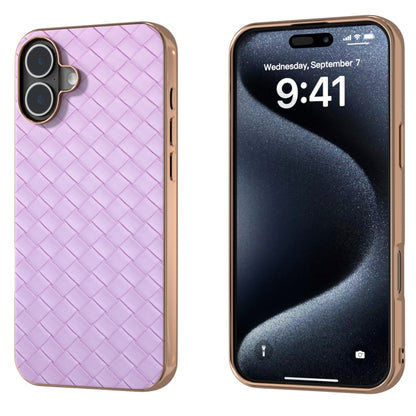 For iPhone 16 Electroplated Frame Woven Texture PU Phone Case(Purple) - iPhone 16 Cases by buy2fix | Online Shopping UK | buy2fix