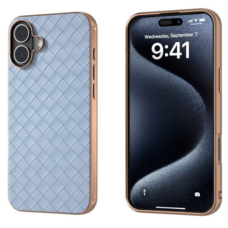 For iPhone 16 Electroplated Frame Woven Texture PU Phone Case(Light Blue) - iPhone 16 Cases by buy2fix | Online Shopping UK | buy2fix