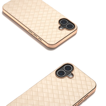 For iPhone 16 Electroplated Frame Woven Texture PU Phone Case(Beige) - iPhone 16 Cases by buy2fix | Online Shopping UK | buy2fix