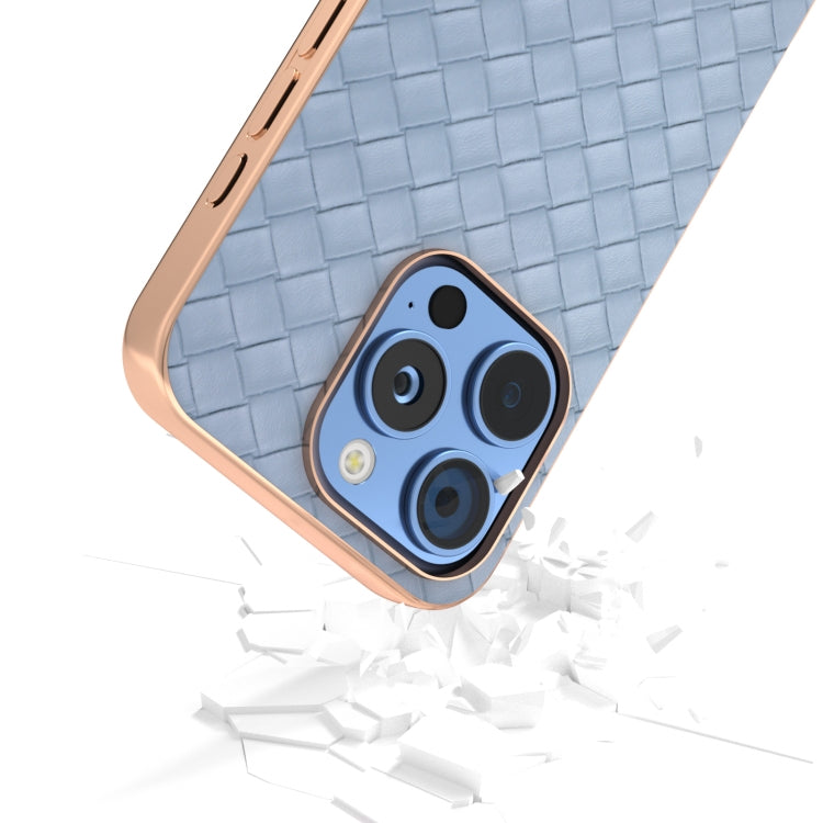 For iPhone 16 Pro Max Electroplated Frame Woven Texture PU Phone Case(Light Blue) - iPhone 16 Pro Max Cases by buy2fix | Online Shopping UK | buy2fix