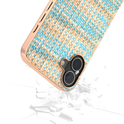 For iPhone 16 Plus Electroplated Frame Color Lattice Texture PU Phone Case(Blue) - iPhone 16 Plus Cases by buy2fix | Online Shopping UK | buy2fix