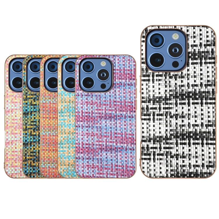 For iPhone 16 Pro Max Electroplated Frame Color Lattice Texture PU Phone Case(Blue) - iPhone 16 Pro Max Cases by buy2fix | Online Shopping UK | buy2fix