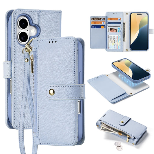 For iPhone 16 DUX DUCIS Lawa Series Zipper Wallet Phone Case with Lanyard(Light Blue) - iPhone 16 Cases by DUX DUCIS | Online Shopping UK | buy2fix