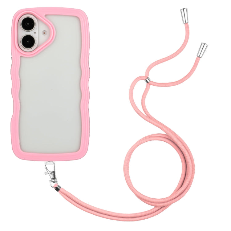 For iPhone 16 Candy Color Wave TPU Clear PC Phone Case with Lanyard(Pink) - iPhone 16 Cases by buy2fix | Online Shopping UK | buy2fix