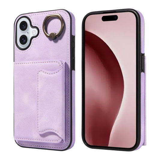 For iPhone 16 Plus Skin Feel Card Bag Phone Case with Ring Buckle(Purple) - iPhone 16 Plus Cases by buy2fix | Online Shopping UK | buy2fix