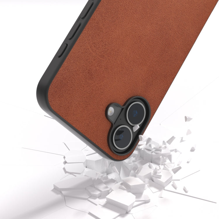 For iPhone 16 Plus Black Frame Two-color Calf Texture PU Phone Case(Brown) - iPhone 16 Plus Cases by buy2fix | Online Shopping UK | buy2fix