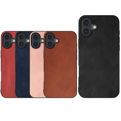 For iPhone 16 Plus Black Frame Two-color Calf Texture PU Phone Case(Brown) - iPhone 16 Plus Cases by buy2fix | Online Shopping UK | buy2fix