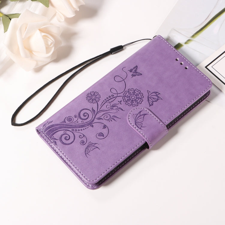 For iPhone 16 Pro Max Embossed Butterfly Flowers Leather Phone Case(Purple) - iPhone 16 Pro Max Cases by buy2fix | Online Shopping UK | buy2fix