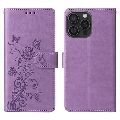 For iPhone 16 Pro Embossed Butterfly Flowers Leather Phone Case(Purple) - iPhone 16 Pro Cases by buy2fix | Online Shopping UK | buy2fix