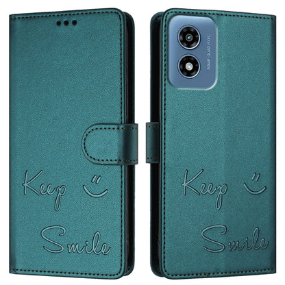 For Motorola Moto G Play 4G 2024 Global Smile Embossing RFID Leather Phone Case(Peacock Green) - Motorola Cases by buy2fix | Online Shopping UK | buy2fix