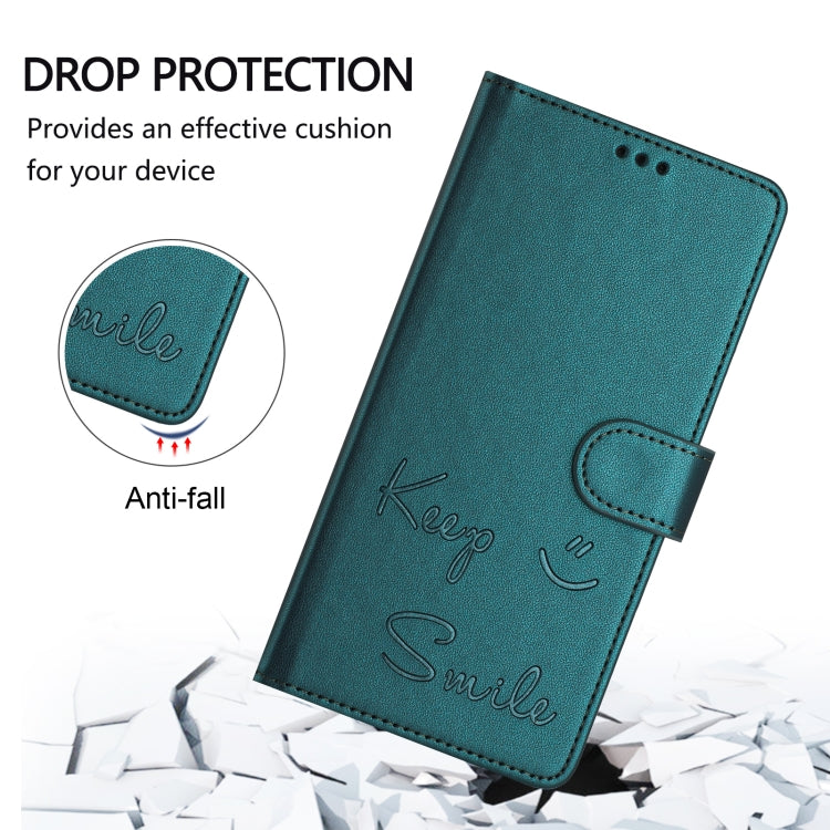 For Motorola Moto G Play 4G 2024 Global Smile Embossing RFID Leather Phone Case(Peacock Green) - Motorola Cases by buy2fix | Online Shopping UK | buy2fix