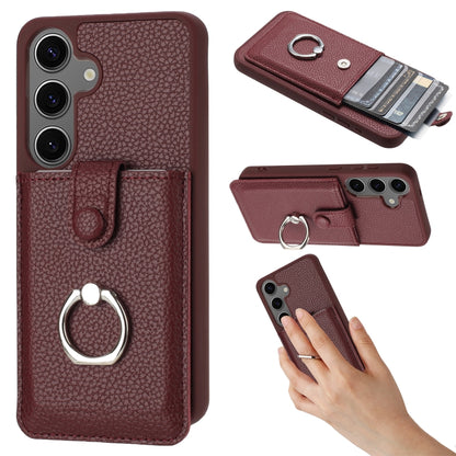 For Samsung Galaxy S25 5G Litchi Texture Drawing Card Bag Ring Holder Phone Case(Wine Red) - Galaxy S25 5G Cases by buy2fix | Online Shopping UK | buy2fix