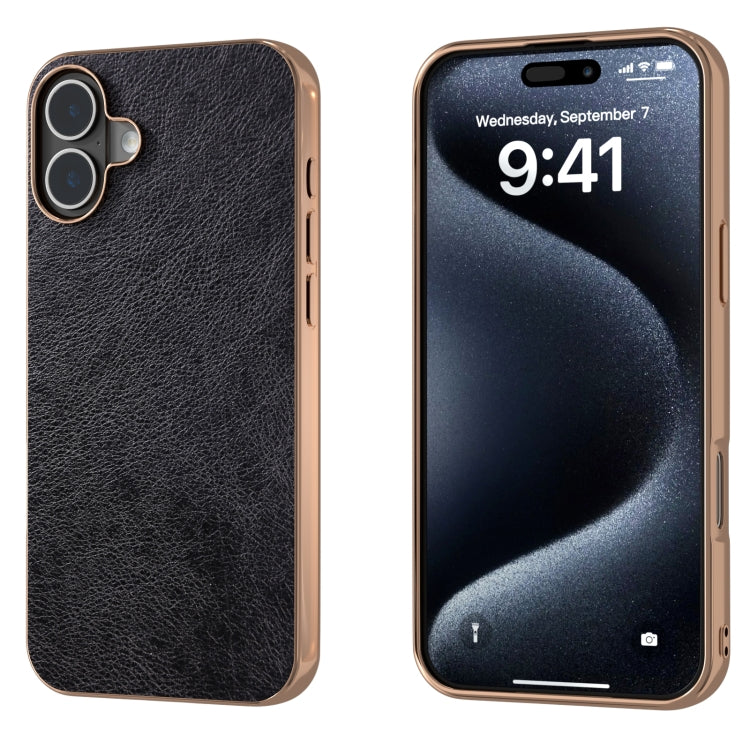 For iPhone 16 Plus Nano Electroplating Dual Color Lichi Texture PU Phone Case(Black) - iPhone 16 Plus Cases by buy2fix | Online Shopping UK | buy2fix