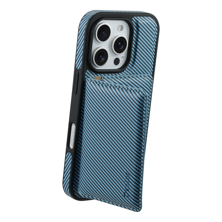 For iPhone 16 Pro Max Denior Carbon Fiber Texture Leather Card Bag MagSafe Phone Case(Blue) - iPhone 16 Pro Max Cases by Denior | Online Shopping UK | buy2fix