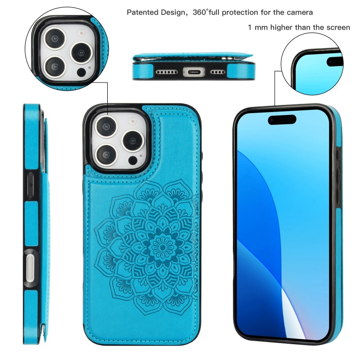 For iPhone 16 Pro Double Buckle Mandala Leather Wallet Back Cover Phone Case(Blue) - iPhone 16 Pro Cases by buy2fix | Online Shopping UK | buy2fix