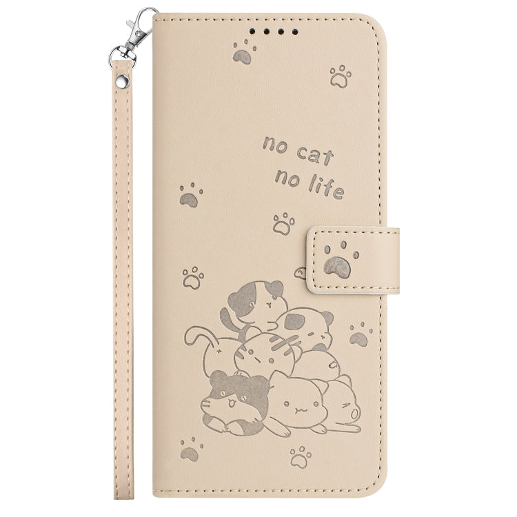 For iPhone 16 Pro Max Embossed Kitten Phone Leather Case with Lanyard(Beige) - iPhone 16 Pro Max Cases by buy2fix | Online Shopping UK | buy2fix