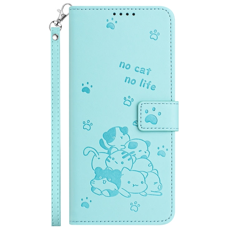 For iPhone 16 Pro Embossed Kitten Phone Leather Case with Lanyard(Mint Green) - iPhone 16 Pro Cases by buy2fix | Online Shopping UK | buy2fix