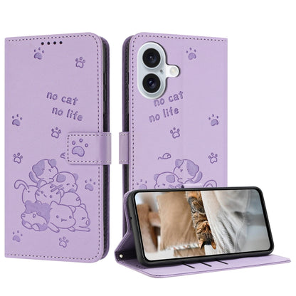 For iPhone 16 Embossed Kitten Phone Leather Case with Lanyard(Purple) - iPhone 16 Cases by buy2fix | Online Shopping UK | buy2fix