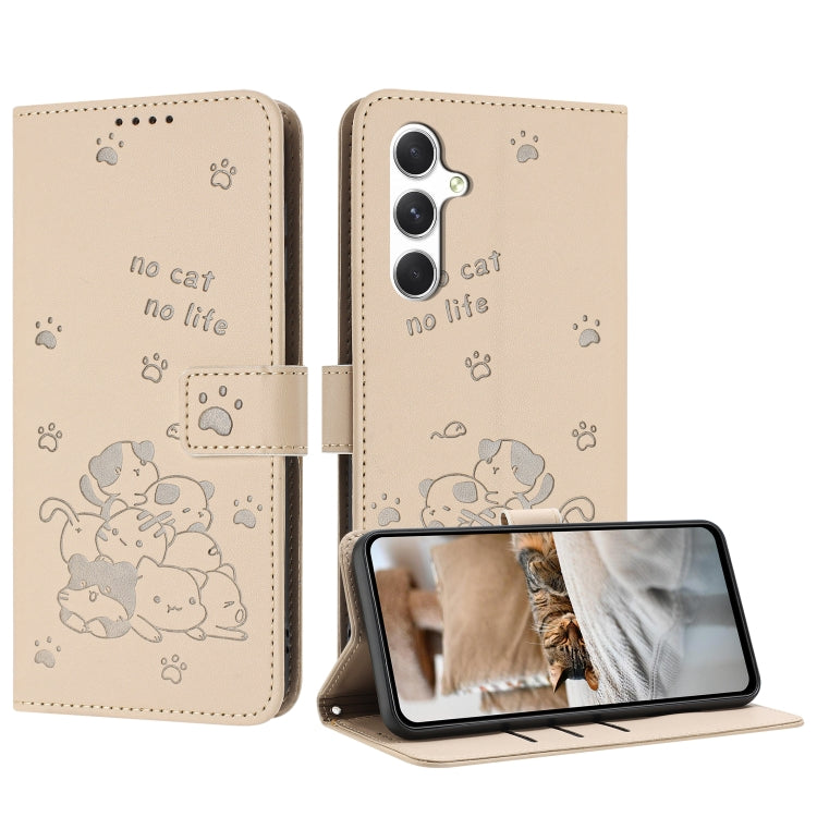 For Samsung Galaxy S25+ / S24+ 5G Embossed Kitten Phone Leather Case with Lanyard(Beige) - Galaxy S24+ 5G Cases by buy2fix | Online Shopping UK | buy2fix