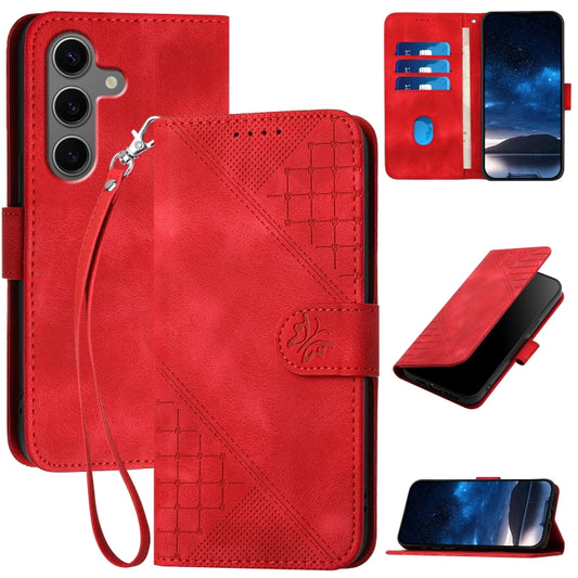 For Samsung Galaxy S25+ 5G YX0080 Grid Butterfly Embossed Pattern Flip Leather Phone Case with Lanyard(Red) - Galaxy S25+ 5G Cases by buy2fix | Online Shopping UK | buy2fix