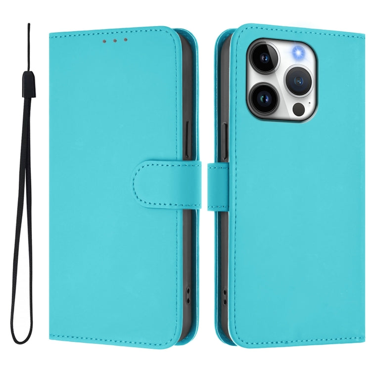 For iPhone 16 Pro Skin Feel Solid Color Leather Phone Case with Lanyard(Lake Blue) - iPhone 16 Pro Cases by buy2fix | Online Shopping UK | buy2fix