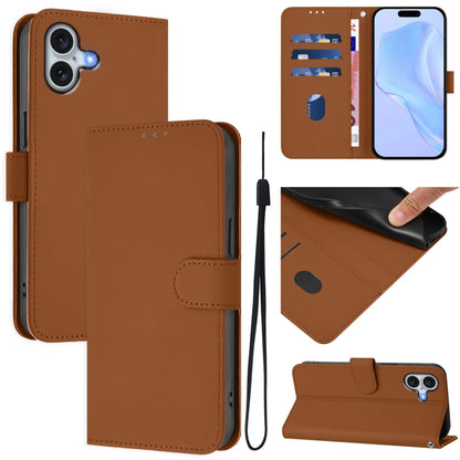 For iPhone 16 Plus Skin Feel Solid Color Leather Phone Case with Lanyard(Brown) - iPhone 16 Plus Cases by buy2fix | Online Shopping UK | buy2fix